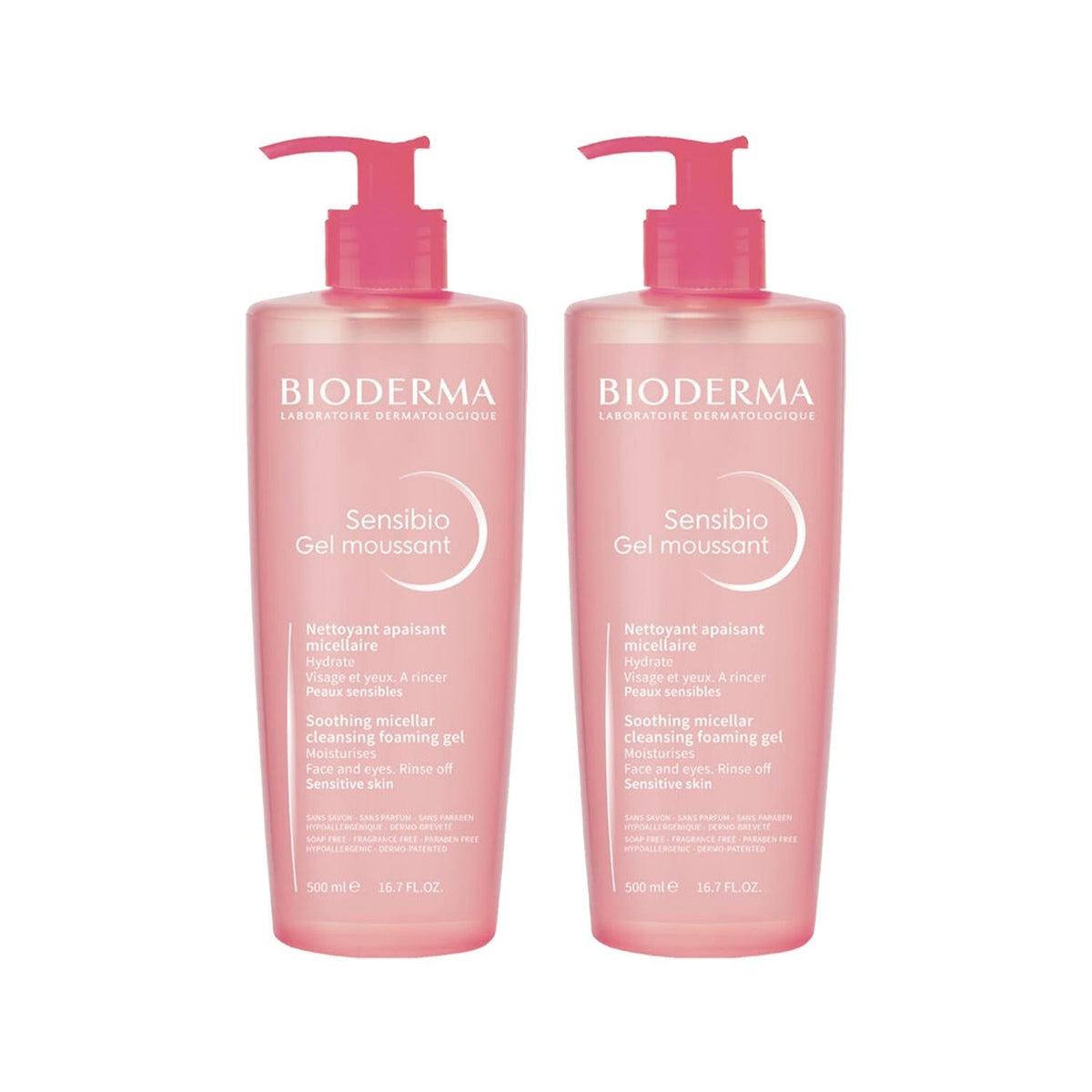 Bioderma Sensibio Foaming Face Cleansing Gel for Sensitive Skin - Gentle, Dermatologically Tested, 500ml x 2