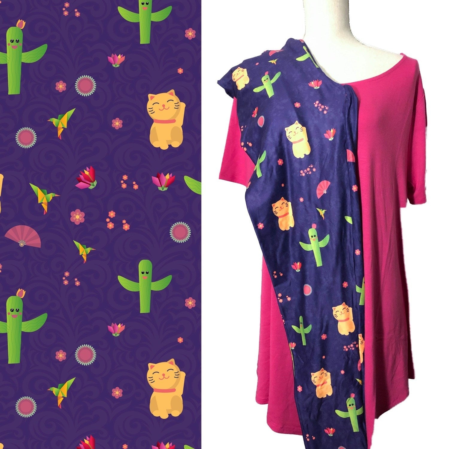 Maneki Neko Lucky Cat with Happy Cactus with Flowers