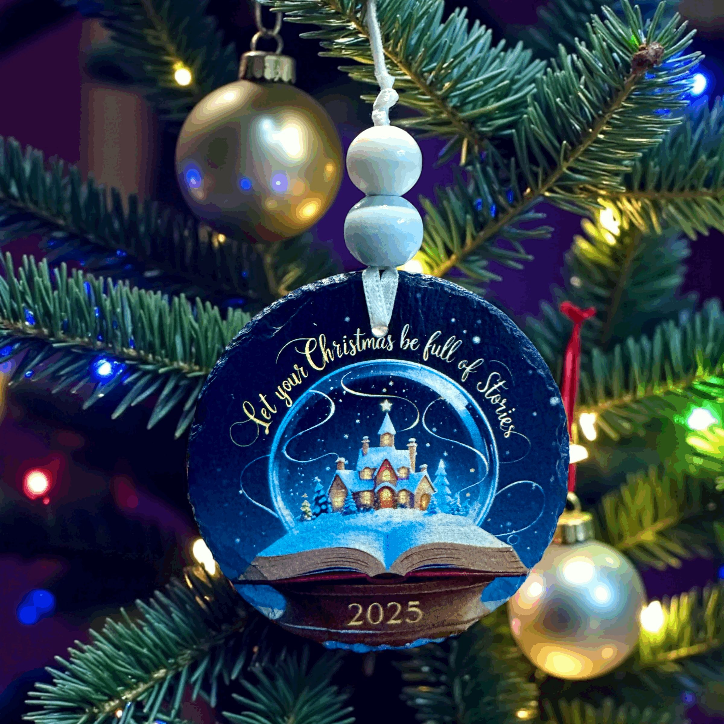 Let Your Christmas Be Full of Stories - Slate UV Printed Ornament