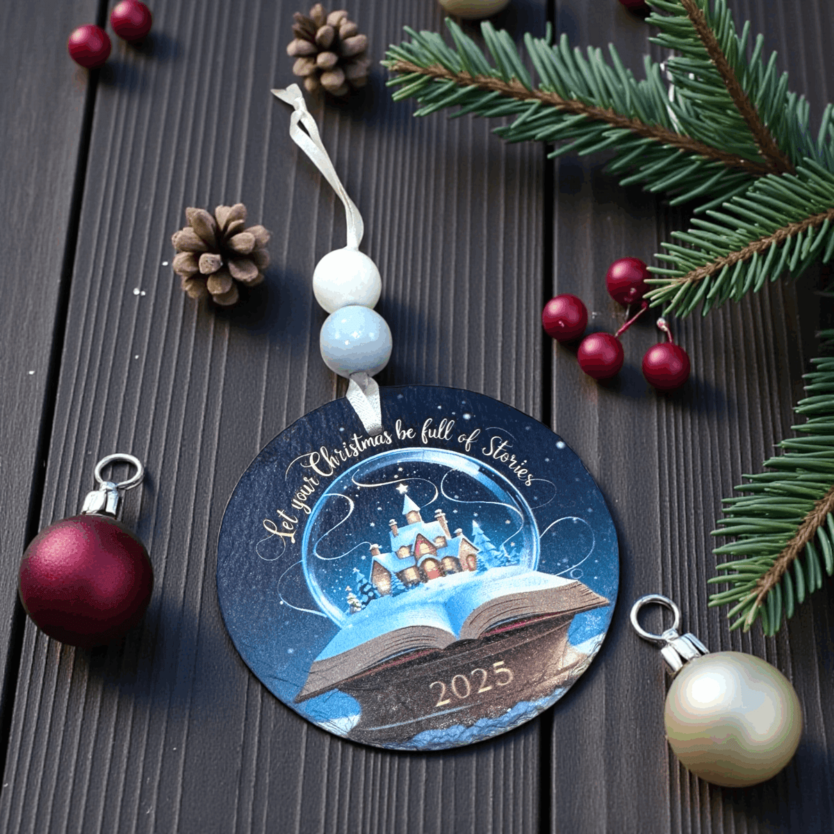 Let Your Christmas Be Full of Stories - Slate UV Printed Ornament
