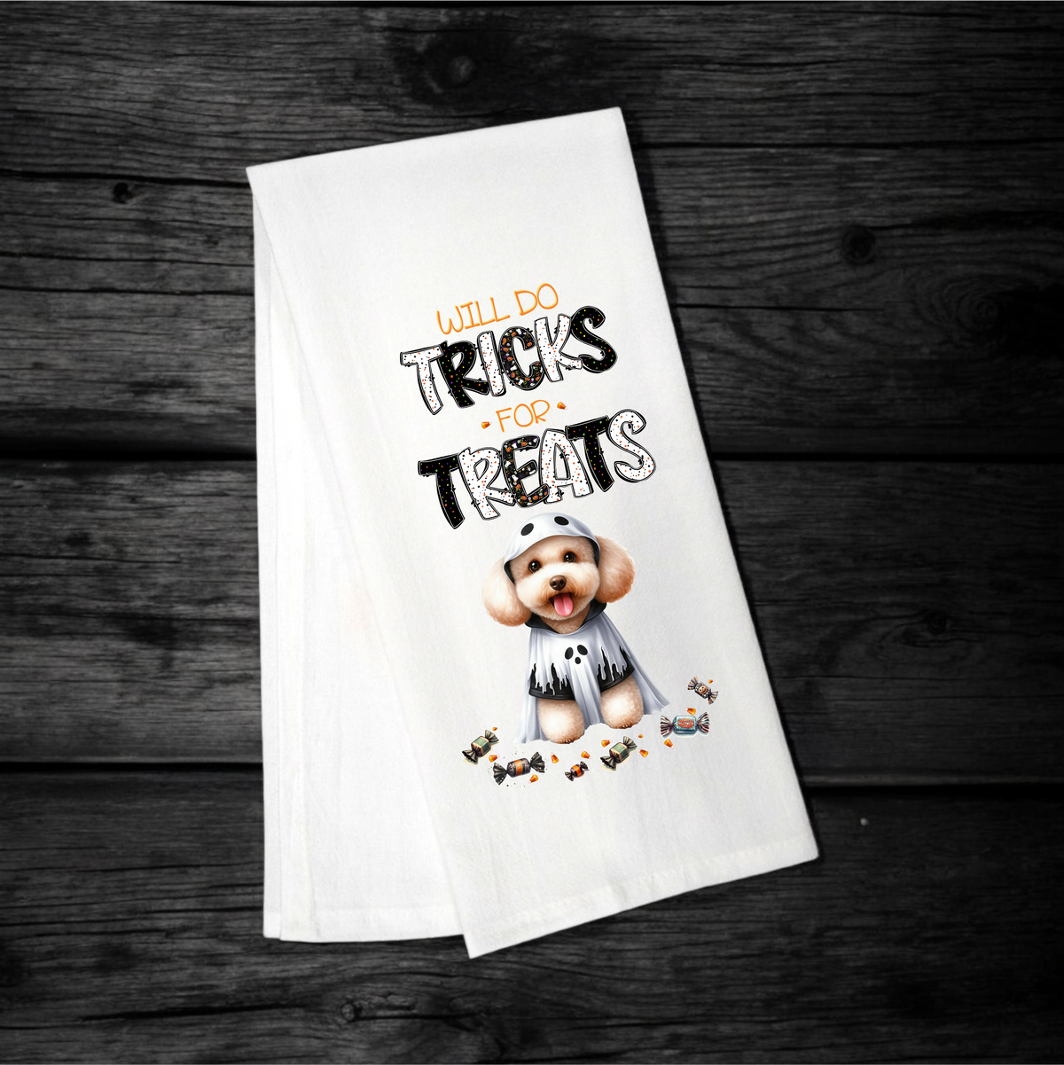 "Will Do Tricks for Treats" Halloween Towel with your Fav Dog Breed