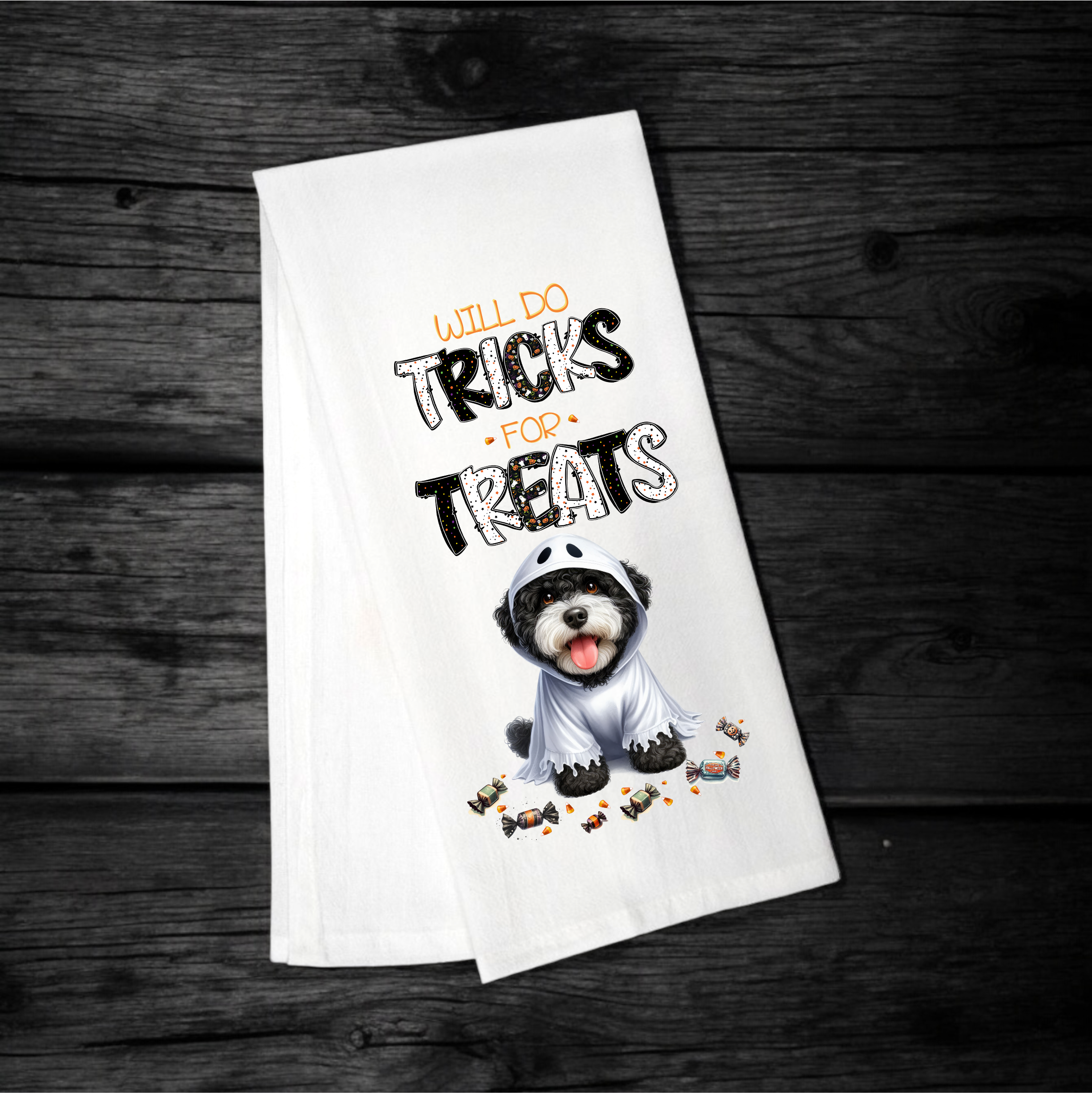 "Will Do Tricks for Treats" Halloween Towel with your Fav Dog Breed