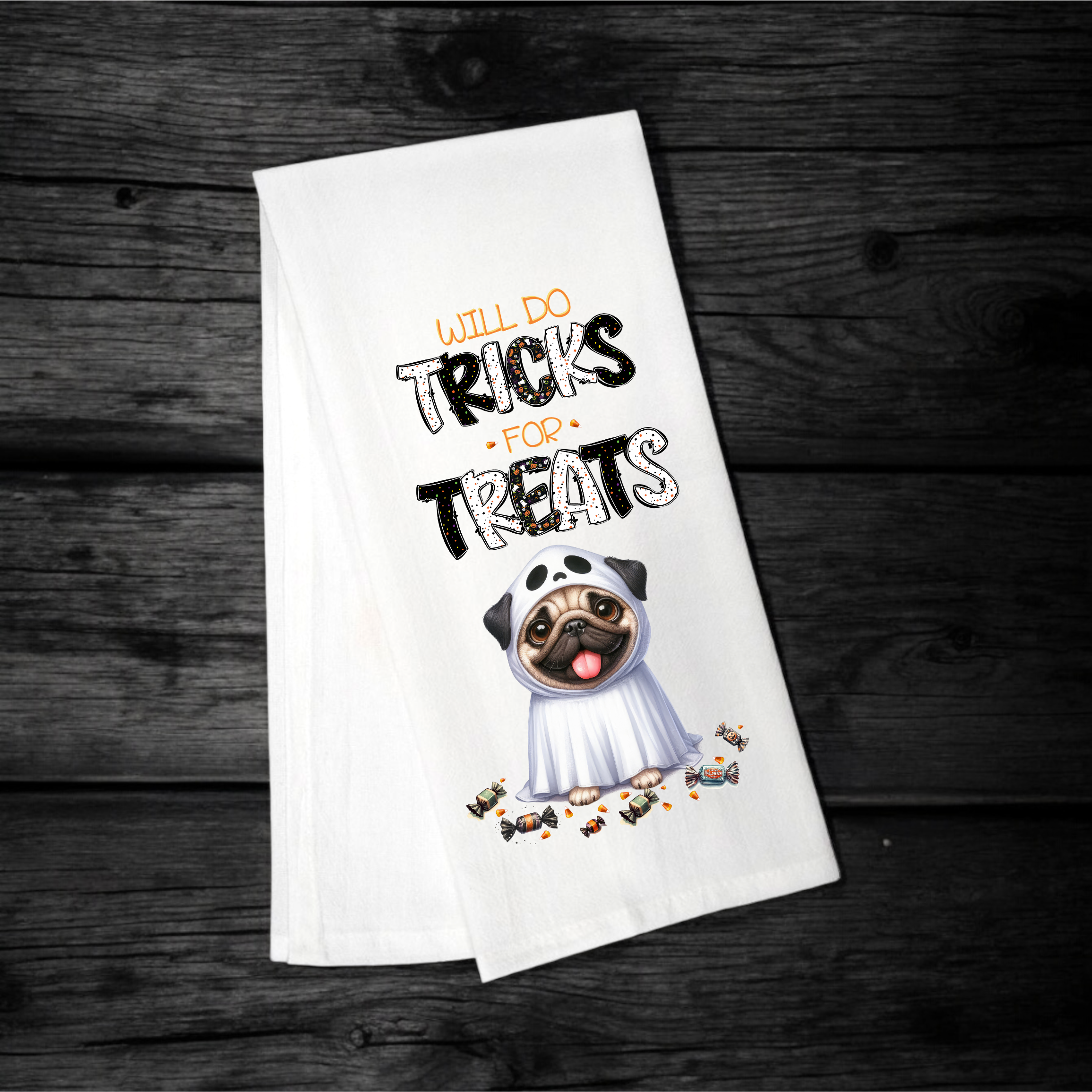 "Will Do Tricks for Treats" Halloween Towel with your Fav Dog Breed