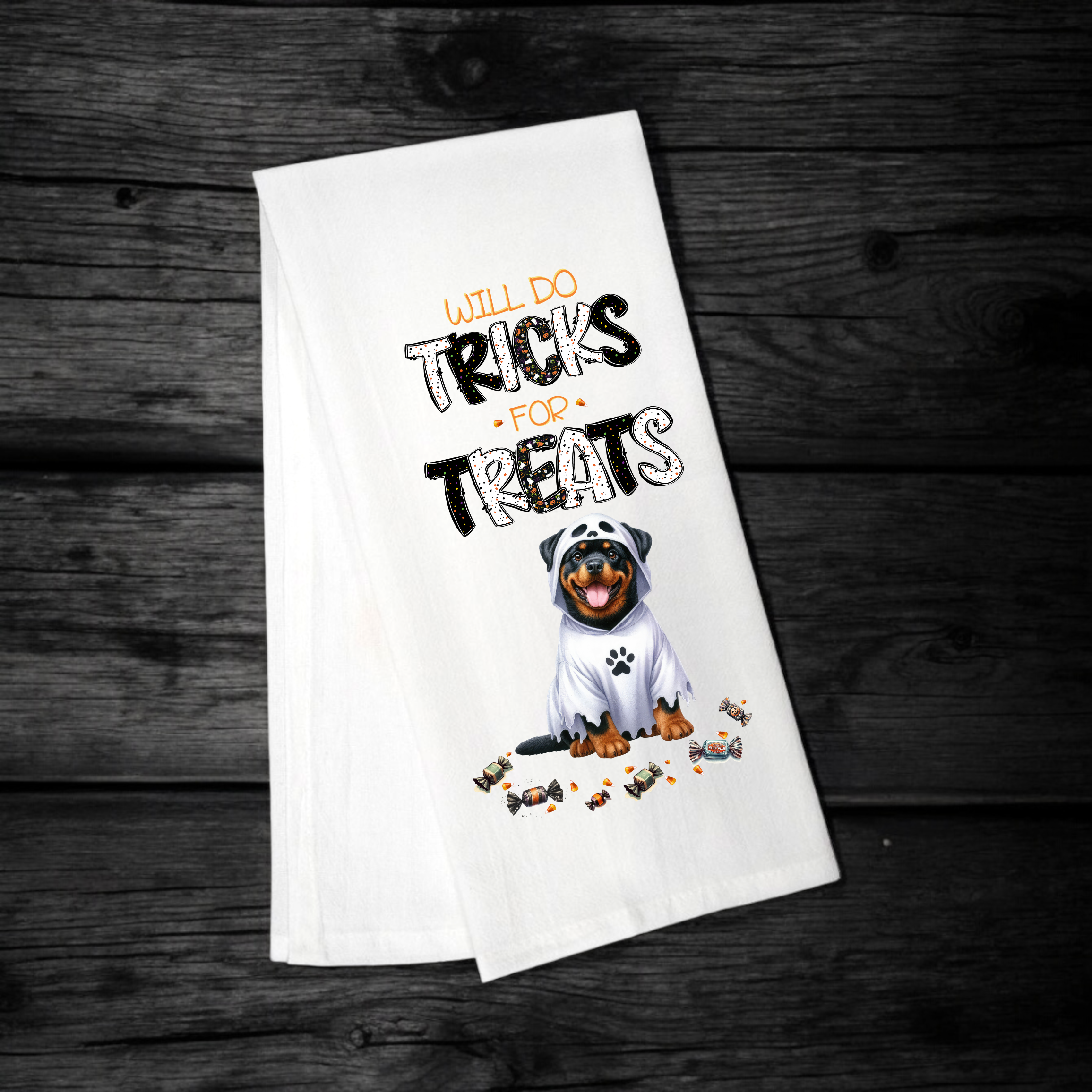 "Will Do Tricks for Treats" Halloween Towel with your Fav Dog Breed