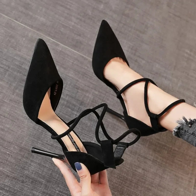 New Cross-strap Roman Sandals Suede High Heels Women's Shoes One-line Buckle Fine Heel Pointed Sandals Zaptos Mujer