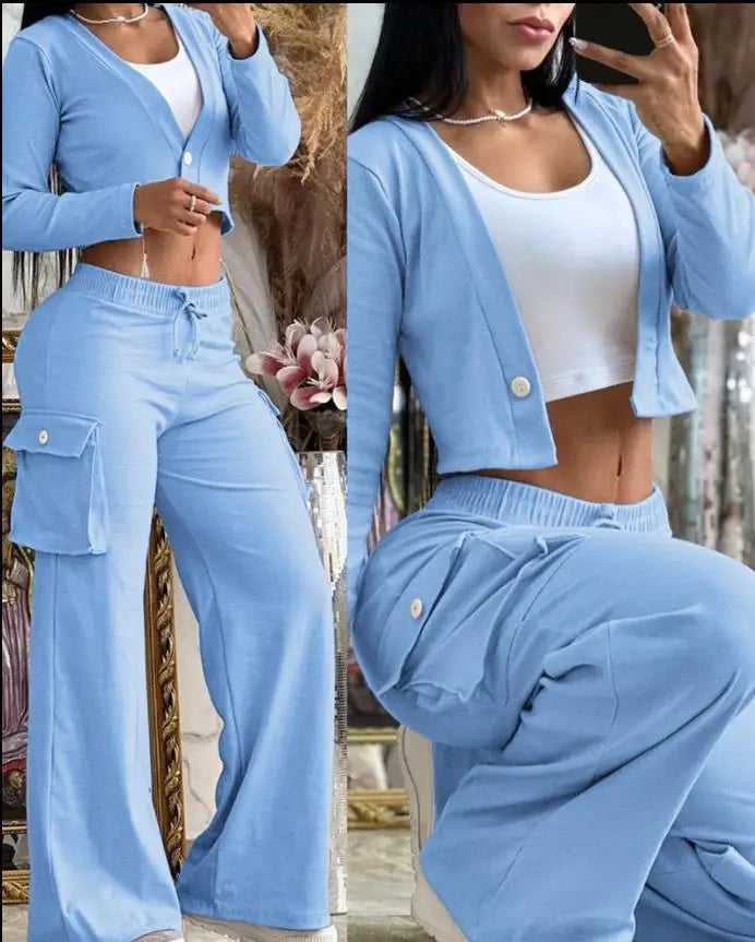 Women's Casual Two Piece Sets Spring Autumn Fashion Cardigan Long Sleeve Short Top Big Pocket Cargo Pants Sets 2024 Outifits
