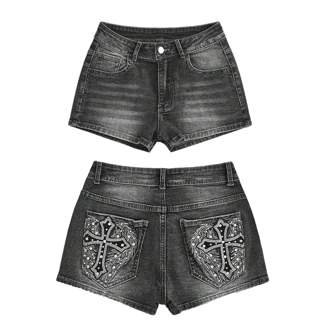 High Waist Distressed Denim Shorts Female Jeans Womens Jeans Shorts Vintage Y2K Punk Style Embroidered Hot Pants