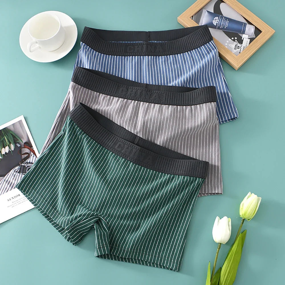 3PCS/Pack 100% Cotton Soft Panties Woman Trendy Striped Female Underwear Summer Breathable High Elastic Mid-rise Waist Boyshort
