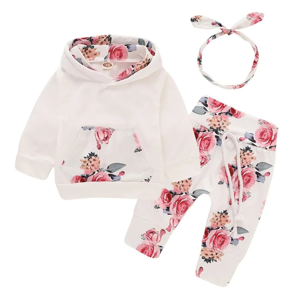 0-18 Months Toddler Baby Girl 3PCS Hooded Clothes Set Flowers Print Long Sleeve Top+Pant+Bowknot Headband Fashion Autumn Outfit