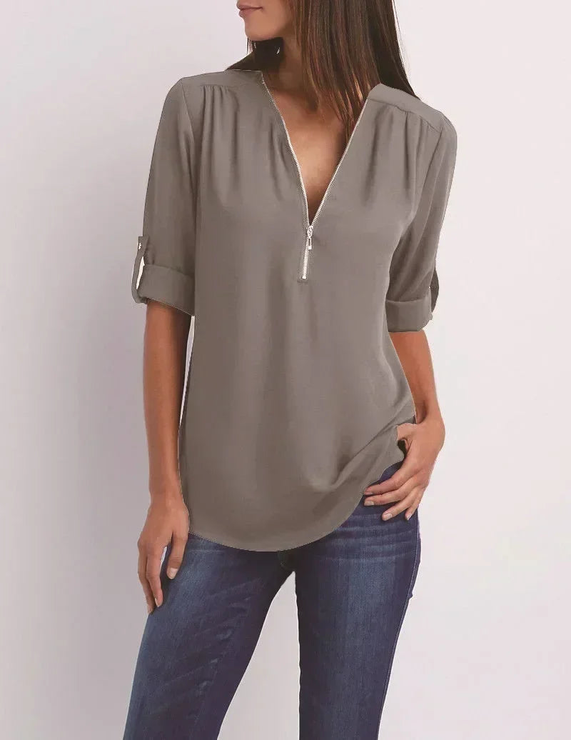 Summer Women Cool Loose Shirt Deep V Neck Chiffon Blouse Casual Ladies Tops Sexy Zipper Pullover Plus Size Long Sleeve Fashion