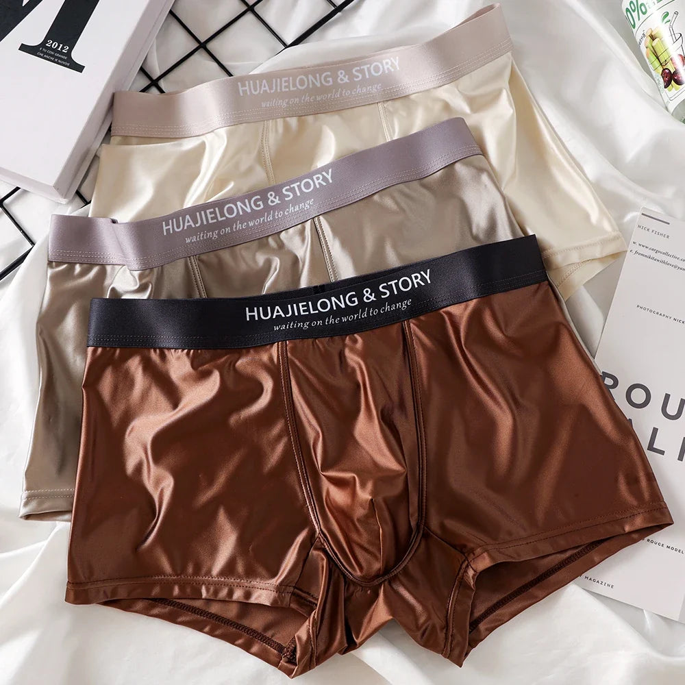 3PCS/Pack Luxury Ice Silk Satin-like Boxers Summer Smooth Cool Solid Men's Underpants Breathable Mesh Crotch Panties Underwear