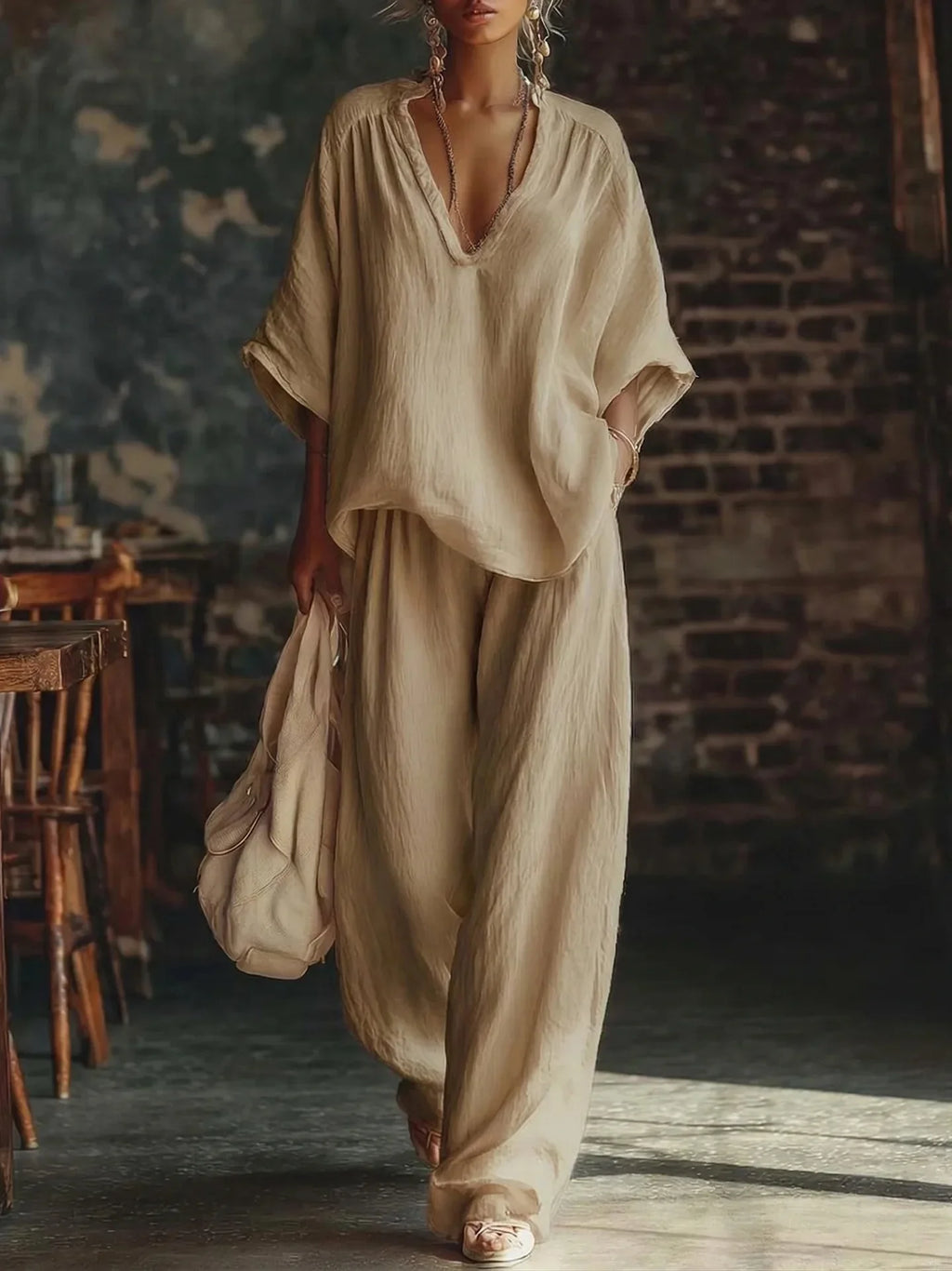 Fashion V Neck Short Sleeve Top Suit Women's Set Spring Summer Loose Blouse Top Wide Leg Trousers Female Vacation 2 Piece Set