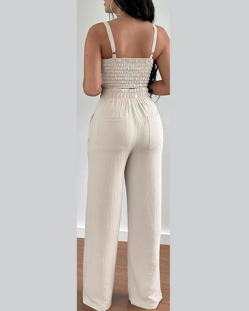 2 Piece Outfits For Women 2025 Sexy V-Neck Strap Shirred Slim Crop Top & Lace-up Wide Leg Pants Sets Elegant Office Lady Suit