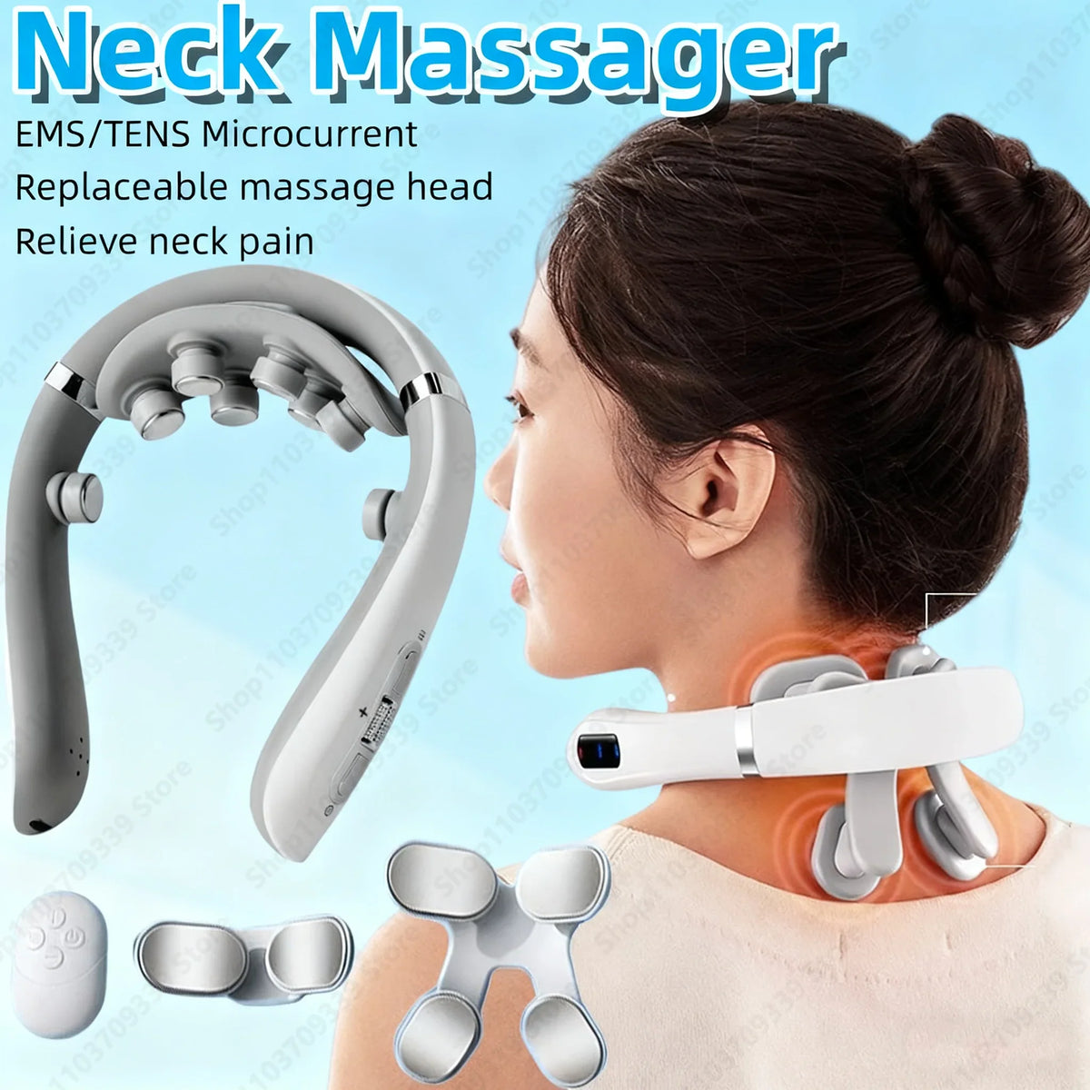 Neck Massager Electric Microcurrent Multi-Head Replaceable Wireless Knead Shiatsu Heating Vibration Cervical Shoulder Massager