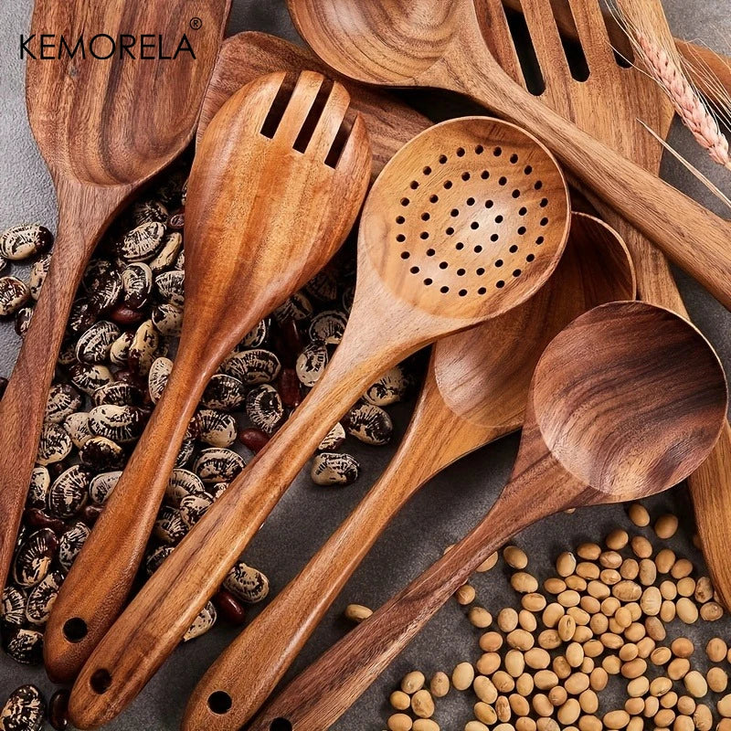 9PCS Acacia Wood Kitchen Utensils Set - Natural Wood Cooking Spoons, Spatulas, Noodle , Non-Stick, Durable Wooden Cookware