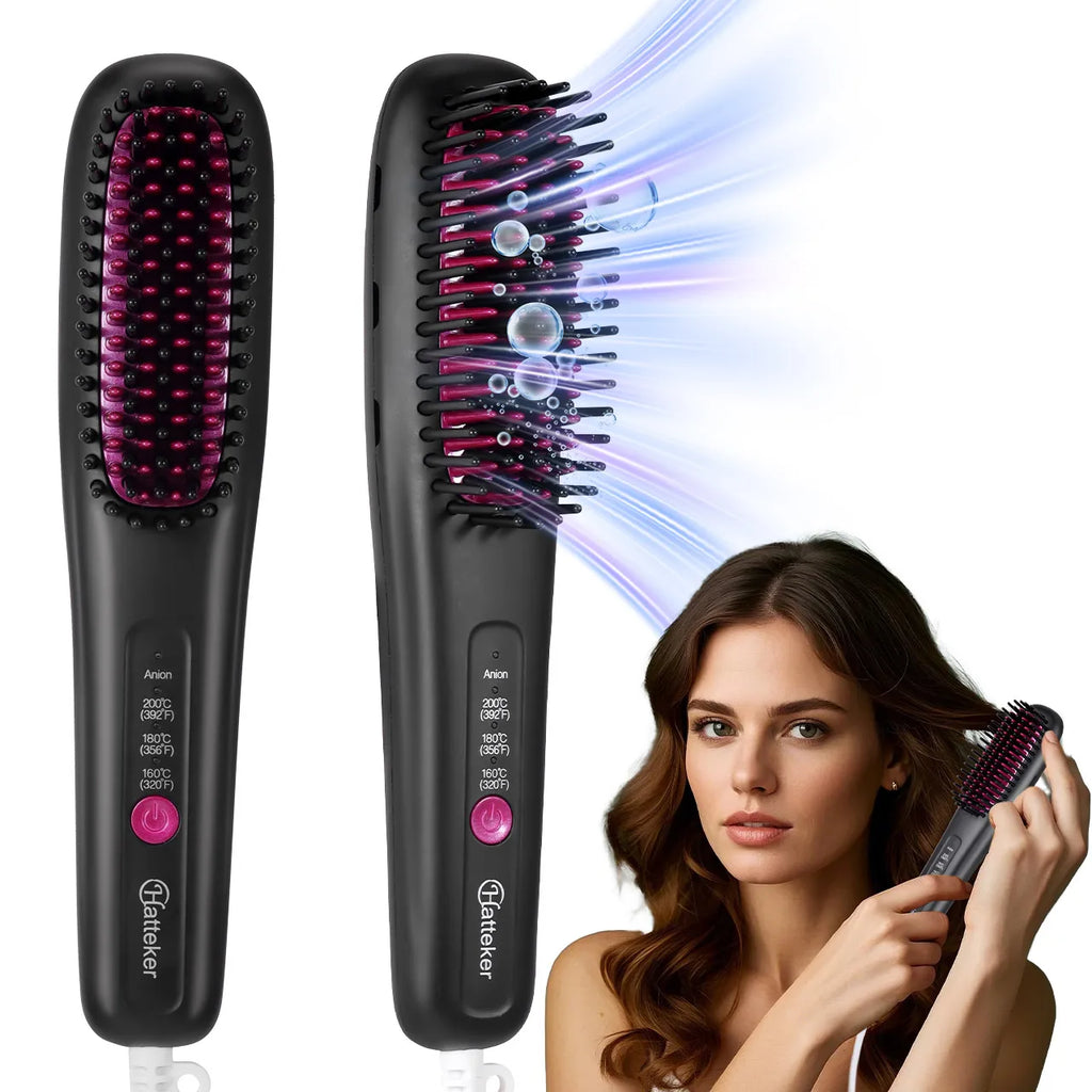 Hair Straightening Brush Portable Home Negative Ion Straightener with Multi-Heat Settings 3-Temp Ceramic Damage-Free Styling