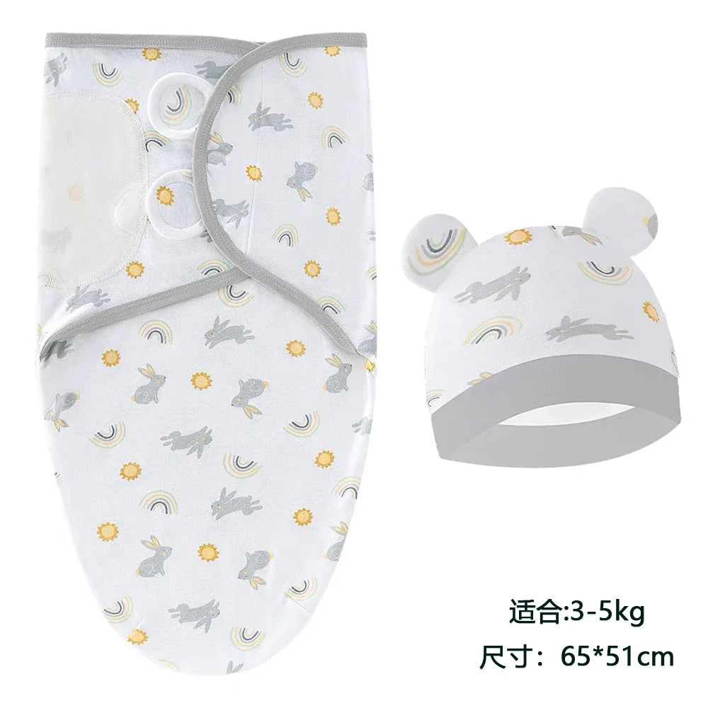 Baby Blanket Hat Set Cartoon Printed Cotton Newborn Swaddle Adjustable Infant Sleeping Swaddle Wraps All Seasons 0-6 Months