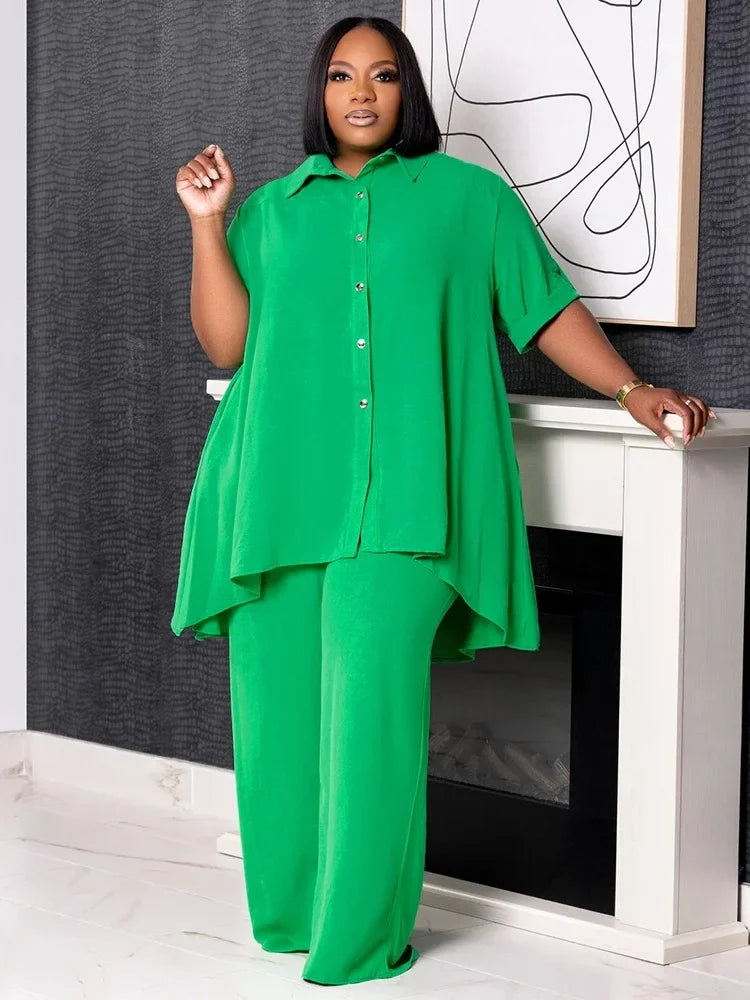 Wmstar Women Plus Size Two Piece Set 5XL Summer Casual Solid Button T Shirt Wide Leg Pants Female Outfits Wholesale Dropshipping