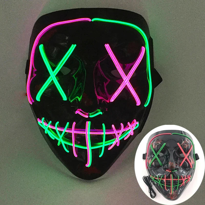 Wireless LED Neon Purge Mask & Fiber Optic Gloves, Scary Glow In Dark Mask for Halloween Carnival Cosplay Bar Birthday Party
