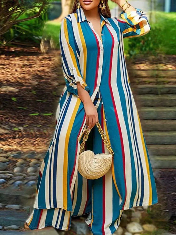 Elegant 2-piece Sets for Women Fall Winter Outfits Pants Suit with Long Shirt Blouse Full Sleeve Striped Plus Size Matching Sets