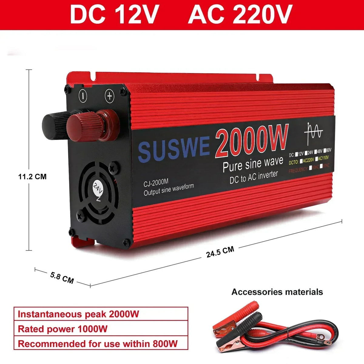 Pure Sine Inverter 1000W-3000W DC To AC 12V/24V To 110V/220V Car Power Inverter Portable Power Bank Converter Car Transformer
