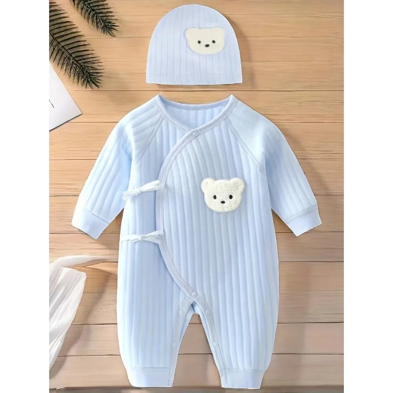 All Seasons Cute Infant Newborn Baby Romper Baby Boy Girl Cartoon Bear Cotton Jumpsuit with Hat
