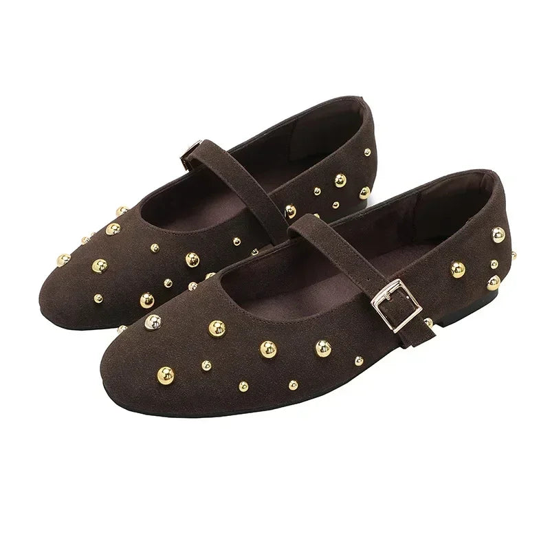 Cool Gold Rivets Design Ballet Flats Women Faux Suede Belt Metal Buckle Low Heel Women Shoes Non-slip Soft Sole Mary Jane Shoes