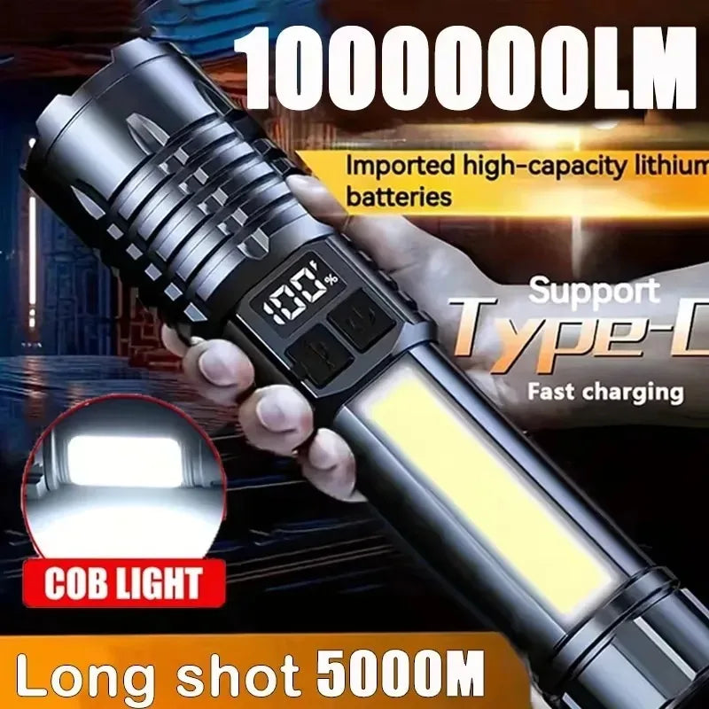 Super Bright COB LED Flashlight TYPE-C Rechargeable Zoomable With Side Light Waterproof Torch Camping Hiking Emergency Outdoor