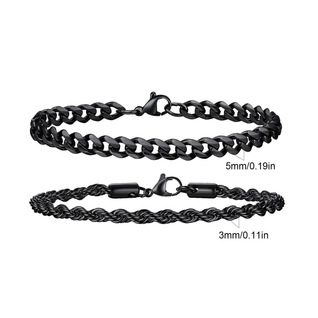 2pcs Men's Chain Bracelets,Stainless Steel Silver Gold Black Color Twist Rope Chain Wristband,Trendy Cuban Link Chains Gift