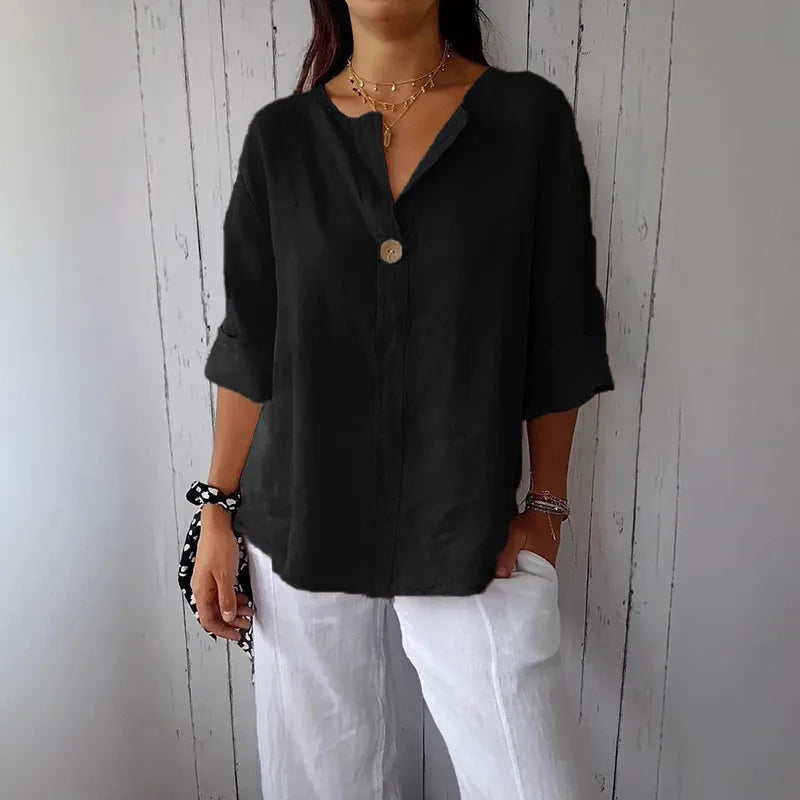 Summer Cotton Linen Blouses For Women 2025 Plus Size V-Neck Button Tee Shirts Casual Half Sleeve Black Tops Loose Women T Shirt