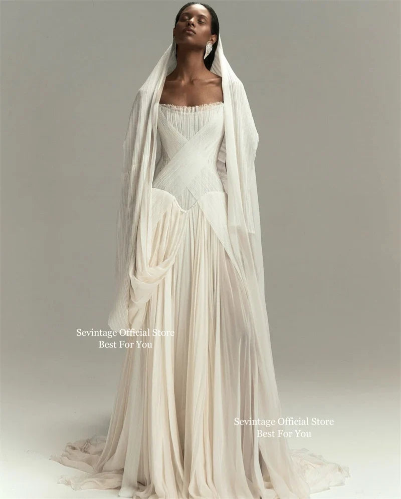 Sevintage Ivory Elegant Chiffon Wedding Dresses Sleeveless Pleated A-Line Bridal Dresses Floor Length Formal Prom Gowns Customiz