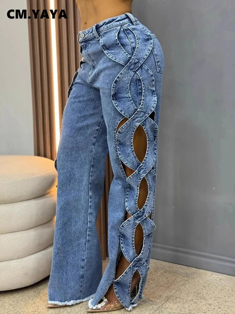 CM.YAYA Women Streetwear Cutout Hollow Out Criss Cross Side Wide Leg  Blue Denim Pants 2025 Fashion Sexy Party Jeans Trousers