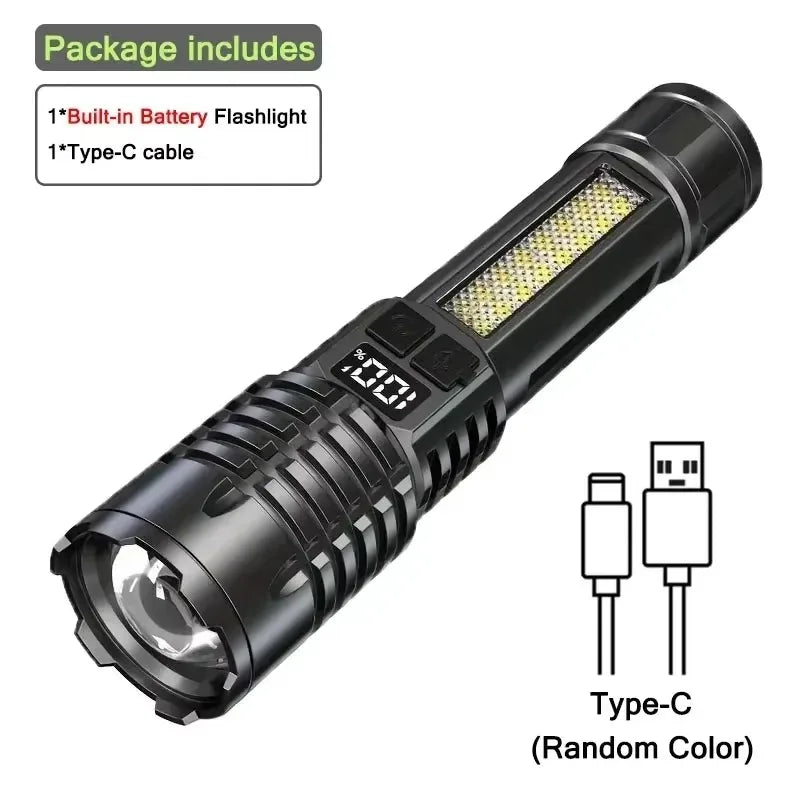 Super Bright COB LED Flashlight TYPE-C Rechargeable Zoomable With Side Light Waterproof Torch Camping Hiking Emergency Outdoor