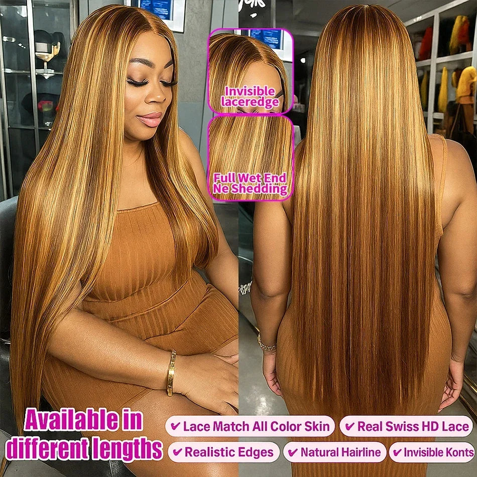 13x4 HD Highlight Ombre Bone Straight Wigs Human Hair P4/27 Blonde Ombre Lace Frontal Wig Colored Human Hair Wig For Women