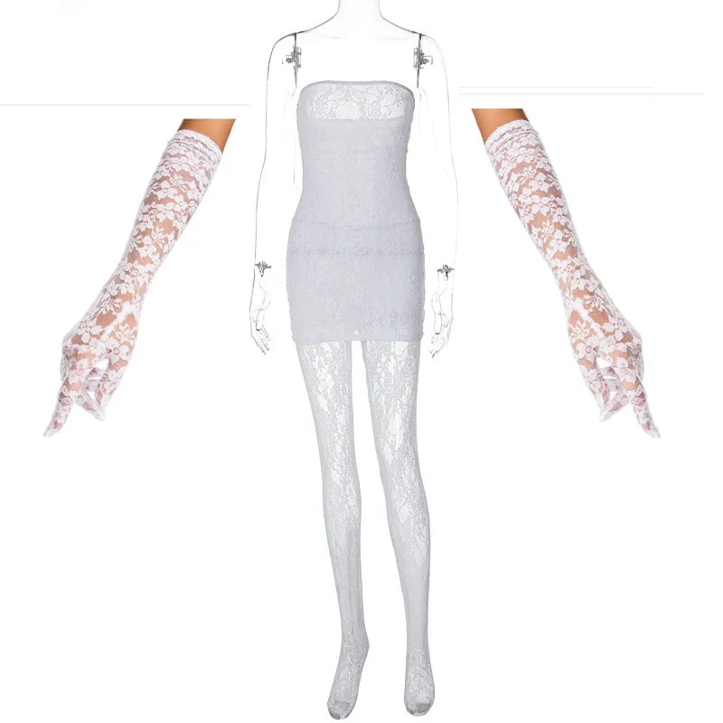 3 Pieces Women Mini Dress + Leggings + Gloves Matching Set 2025 New Club Party See Through Black Red Lace Dresses Suit Outfits