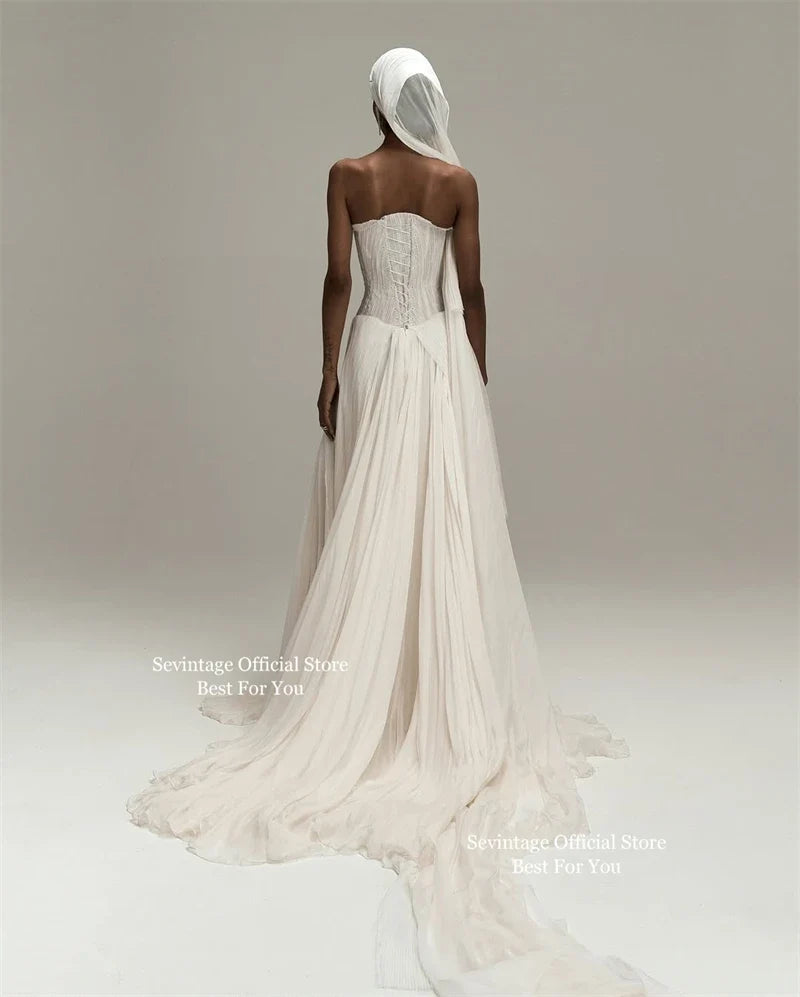 Sevintage Ivory Elegant Chiffon Wedding Dresses Sleeveless Pleated A-Line Bridal Dresses Floor Length Formal Prom Gowns Customiz