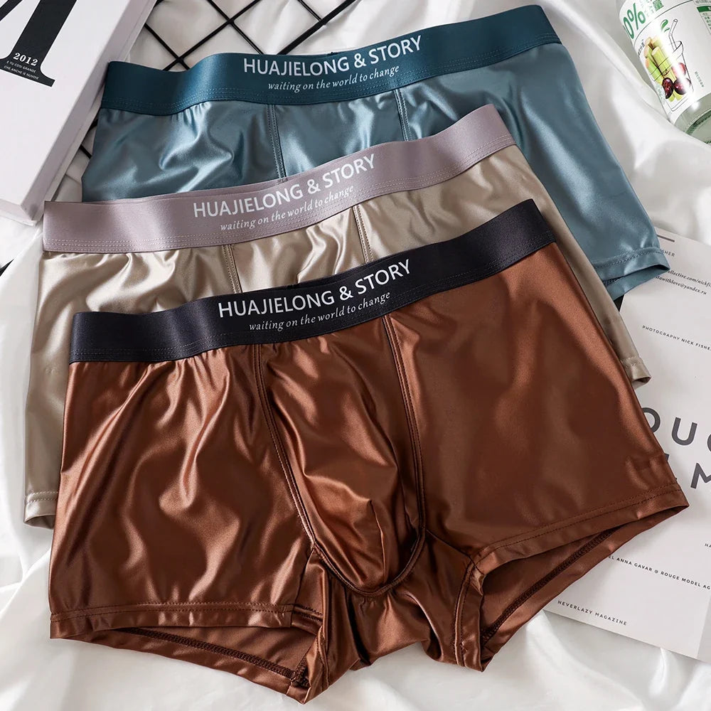 3PCS/Pack Luxury Ice Silk Satin-like Boxers Summer Smooth Cool Solid Men's Underpants Breathable Mesh Crotch Panties Underwear
