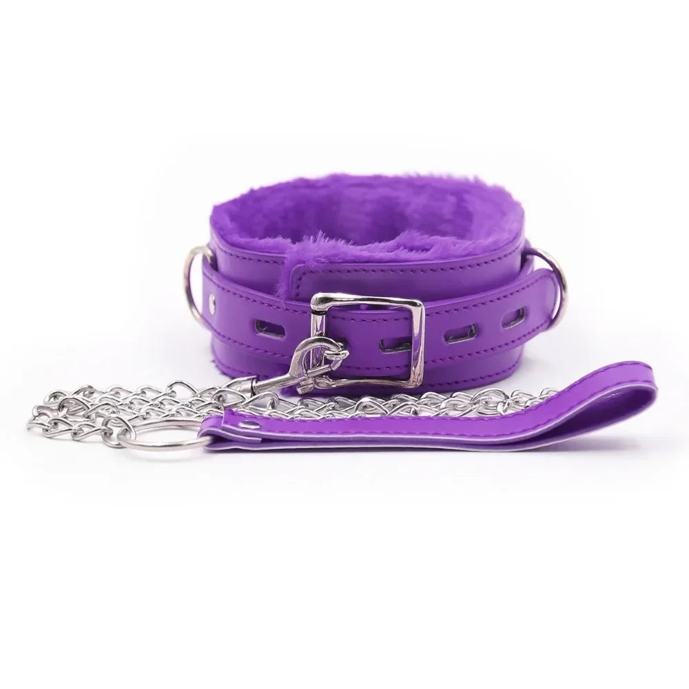 Adult sexy chain red leather thick plush collar dog chain ladies with sm bound collar toys.