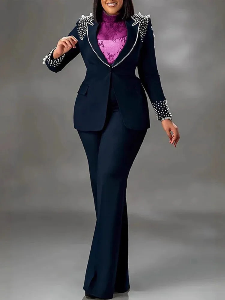2 Pieces Women's Sets Autumn Winter Long Sleeve Pearl Blazers Suit Tops And Pants Suits Two Piece Set Tracksuit Outfit 2026