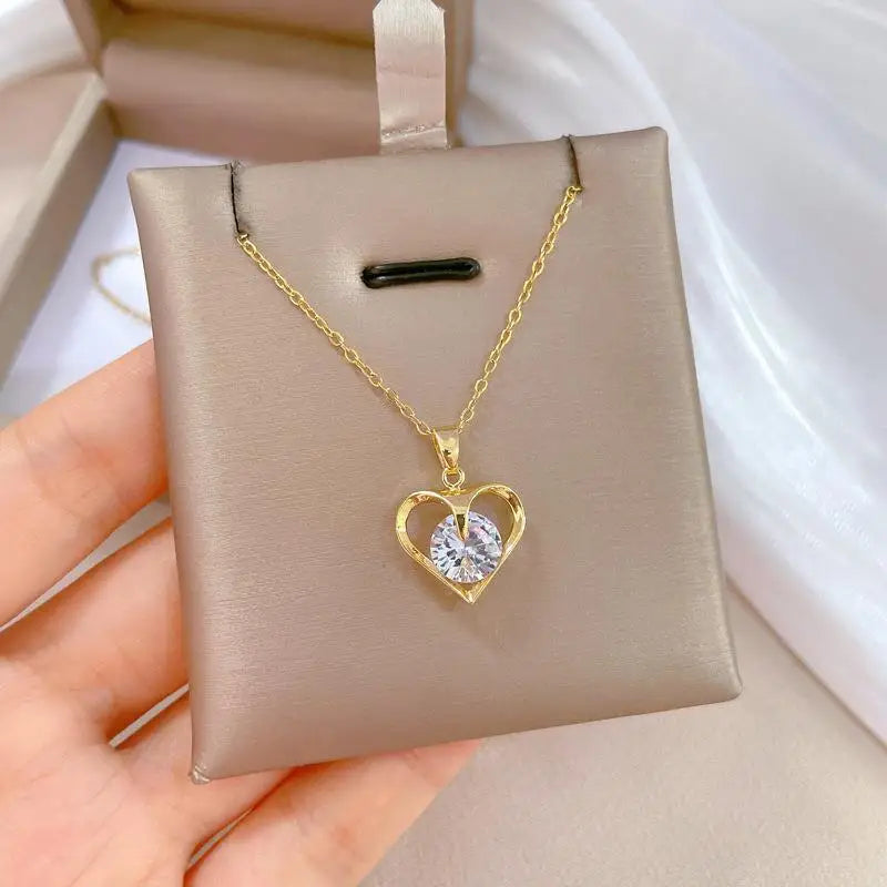 Trendy Heart Stainless Steel Zirconia Necklaces For Women Girls Love Gold Color Metal Necklace Party Birthday Daily Jewelry