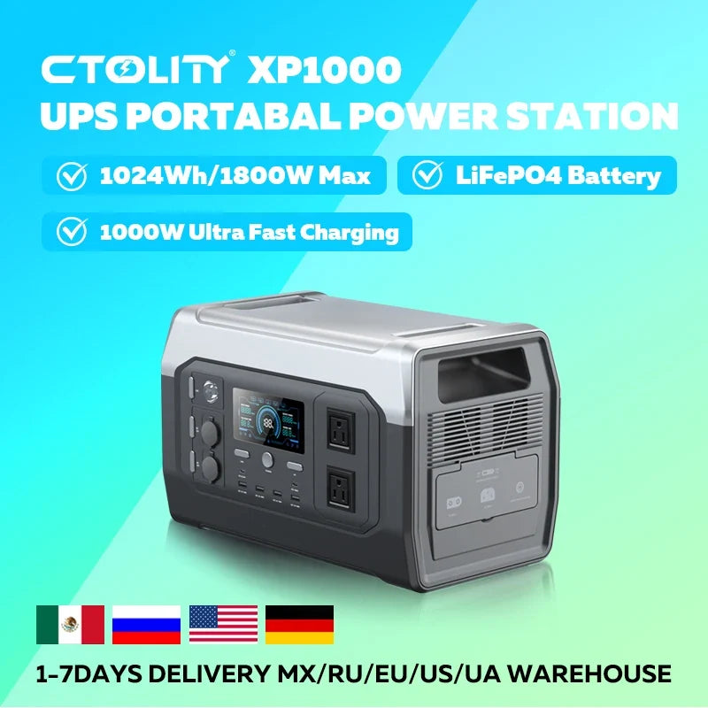 CTOLITY XP1000 1800W Portable Solar Generator Power Station 1024WH Lifepo4 Battery Camping Charging Outdoor Laptop Phones RV