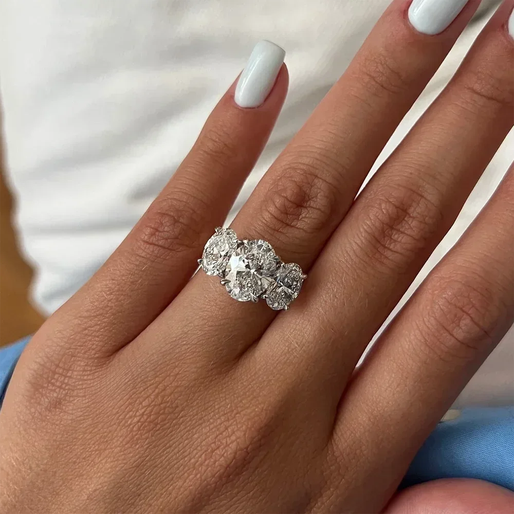 3/6cttw Real Moissanite Engagement Ring with Certificate 3-Stone Oval Cut Diamond Wedding Ring for Women 925 Silver Fine Jewelry