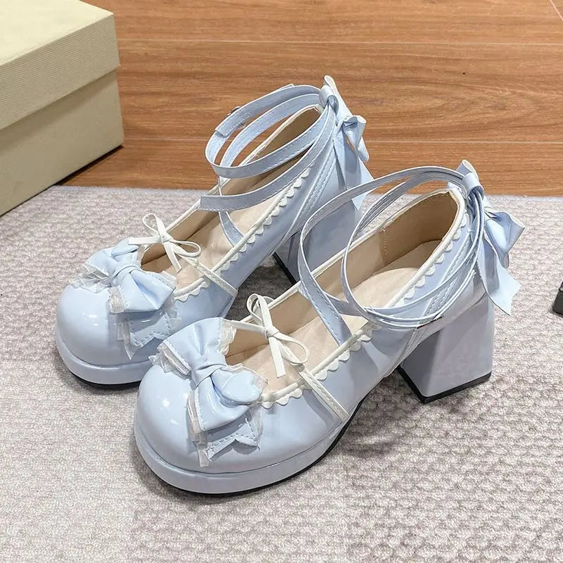 Lolita Shoes Women High Heels Shoes Woman Chunky Sandals Summer Mary Janes PU Leather Shoes Retro Bow Party Platform Pumps