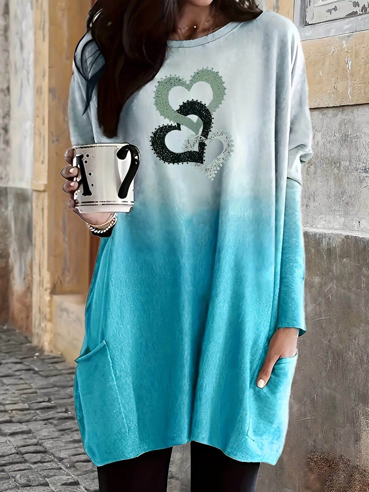 Fall/Winter New Fashionable Elegant Gradient Print Casual Crew Neck Pocket Plus Size Women's Long T-Shirt Top