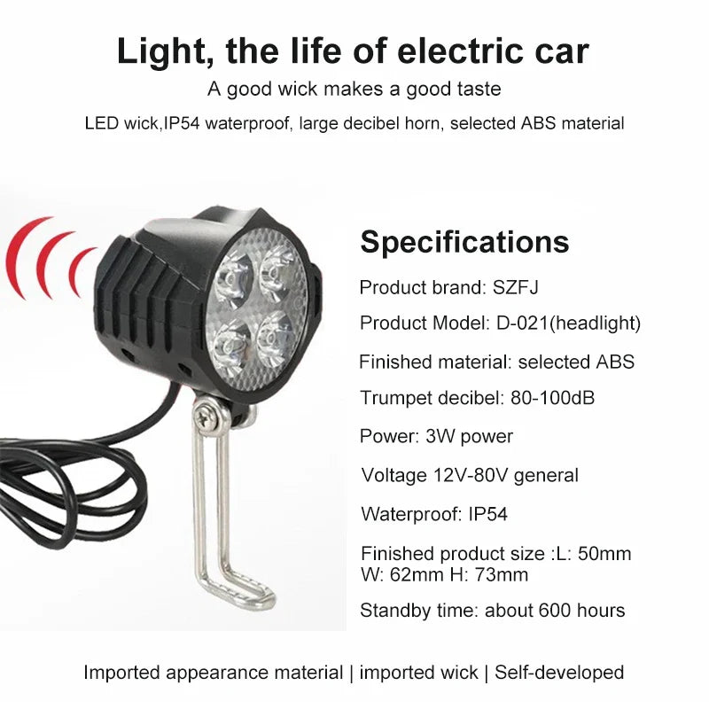 E-Bike 12V 24V 36V 48V 60V 72V Electric Bicycle Light with Horn Waterproof IPX4 Headlight Horn Set Front Headlight Horn Set