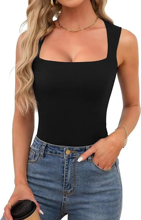 Sexy Slimming T-Shirts for Women Fashion Square Neck Sleeveless Tops Harajuku Tanks Woman Clothes Casual Top Tees Streetwear