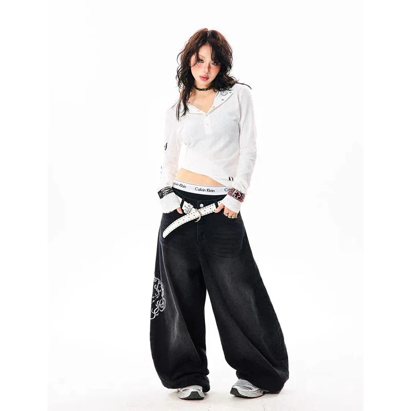 YIBASHU Women Vintage Embroidery Y2K Baggy Jeans Female High Waist 2000s Wide Leg Denim Pants American Retro Harajuku Trouser