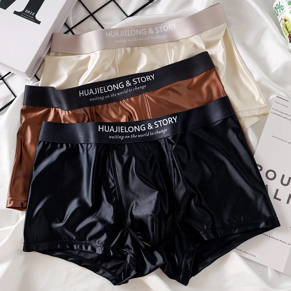 3PCS/Pack Luxury Ice Silk Satin-like Boxers Summer Smooth Cool Solid Men's Underpants Breathable Mesh Crotch Panties Underwear