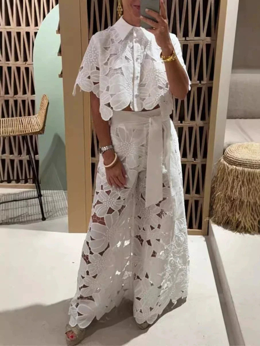 Women Set Short Sleeved Blouse Tops + Tie-up Pants Two Peics set Lace Outfit Embroidery 2025 New Retro Hollow Temperament Suit