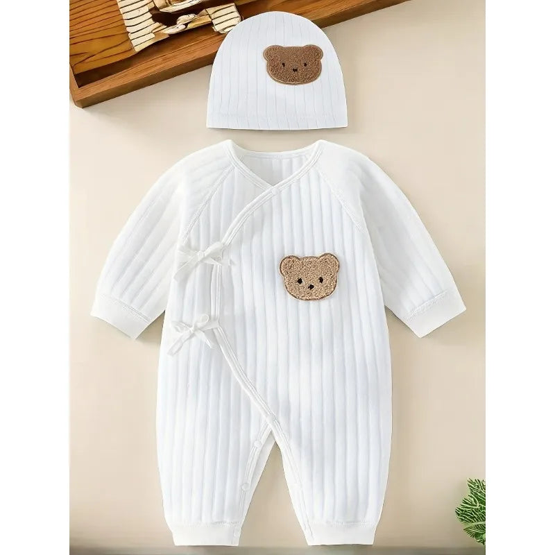 All Seasons Cute Infant Newborn Baby Romper Baby Boy Girl Cartoon Bear Cotton Jumpsuit with Hat